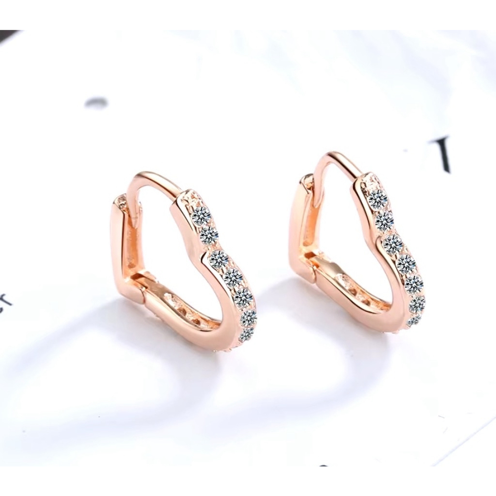 NEW Women's‎ 14k Rose Gold Plated S925 Heart Hoop Simulated Diamond Earrings